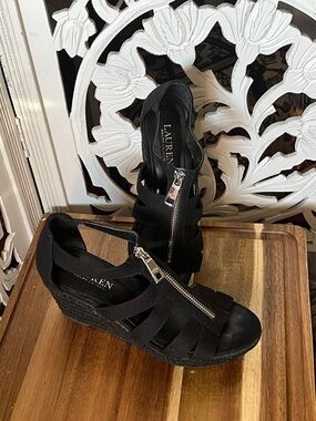 Lauren Ralph Lauren Black Espadrille Wedge Sandals with Front Zip Detail